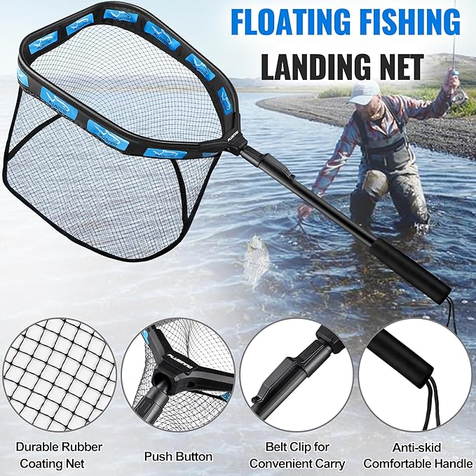 PLUSINNO Floating Fishing Net for Steelhead, Salmon, Fly, Kayak, Catfish, Bass, Trout Fishing, Rubber Coated Foldable Landing Net with Fixed or Telescoping Pole Handle, Fishing Gear and Gifts for Men
