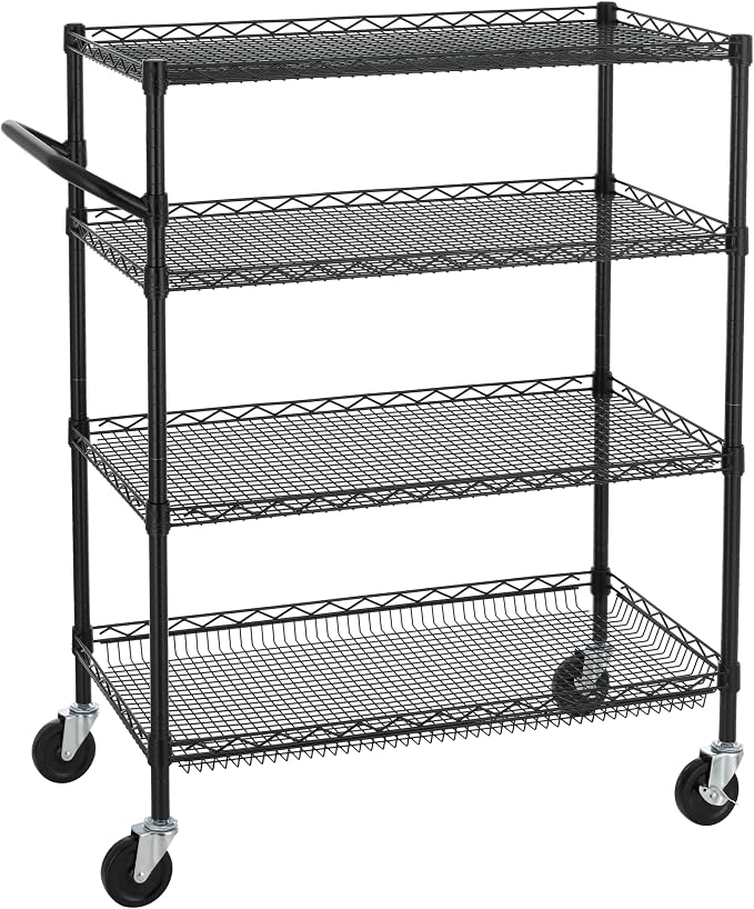 Finnhomy 4 Tier Heavy Duty Commercial Grade Rolling Cart with Handle Bar, Metal Wire Utility Cart with Wheels, Service Trolley on Wheels, Shelf Size 18" D x 36" W, NSF, Black