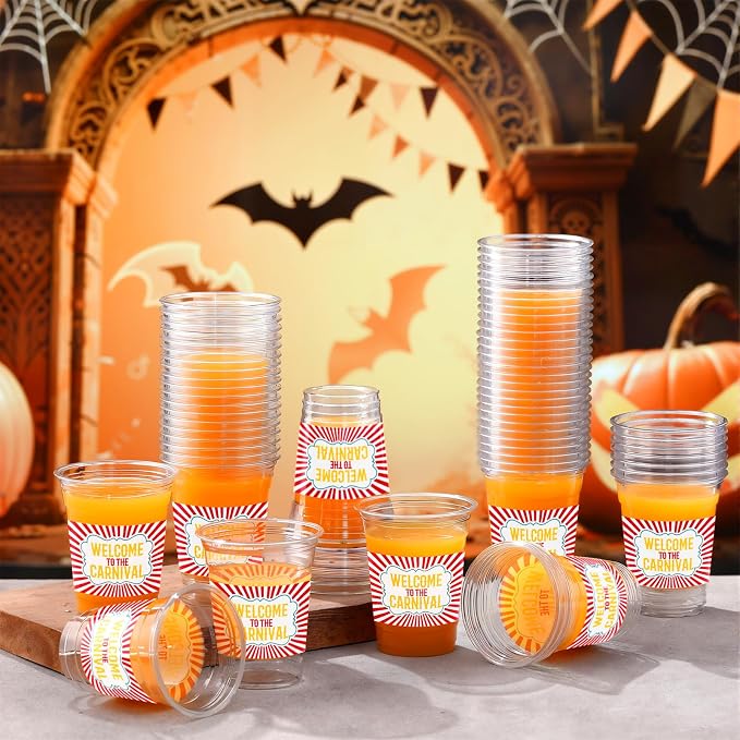 Bokon 100 Pcs Halloween Carnival Circus Party 12 oz Plastic Cups Disposable Cocktail Glasses Circus Theme Clear Disposable Cups for Welcome to Carnival Party Supplies for Coffee Juice Hot Cold Drinks