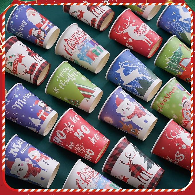 Christmas Cups with Lids 12oz Disposable Coffee Cups Paper Cups with Lids 10 Designs Christmas Party Supplies, Xmas Disposable Party Cups Drinkwear for both Hot and Cold Drinks, 60 Pack