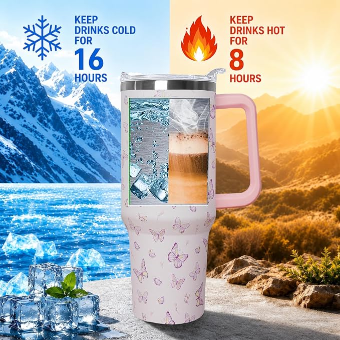 Ceovfoi 40 oz Butterfly Coffee Mug Cup, Vacuum Insulated Travel Tumbler with Handle, Lid and Straw, Butterfly Gifts, Stylish Accessories for Women Girls
