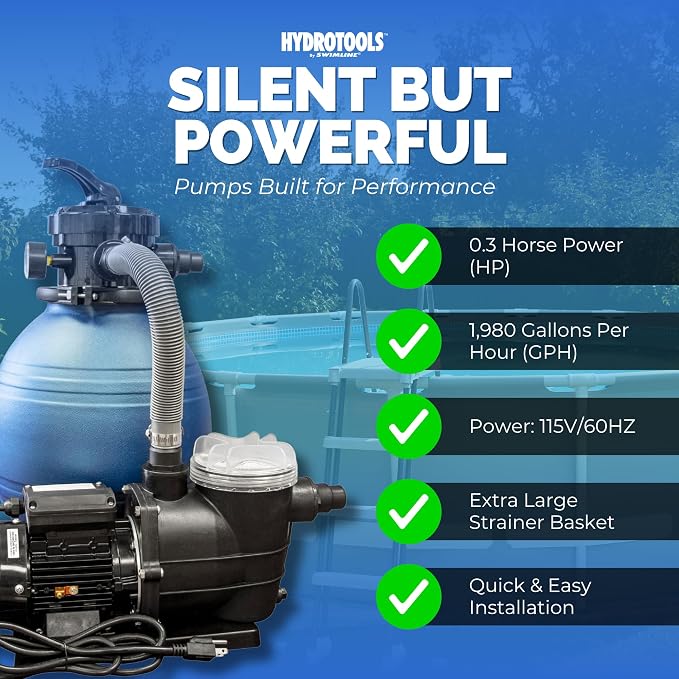 SWIMLINE Sand Filter Pump for Above Ground Pool - 12'', 0.3 THP, 2220 GPH Pump flow rate 4 way Multi port valve, Easy Installation