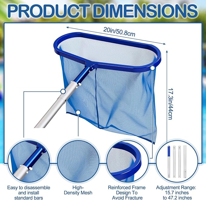 20 Inch Pool Skimmer Net with 15.7 in Aluminum Rod Heavy Duty Fiberglass Swimming Pool Leaf Skimmer Net, Leaf Rake Cleaning Tool Detachable Poles, Easy Scoop Edge, Debris Pickup Removal