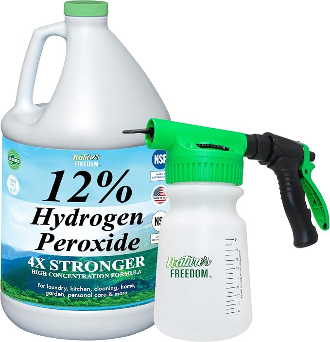 Nature's Freedom 12% Hydrogen Peroxide with Hose End Sprayer, Food Grade H2O2 and Purified Water Only, NSF Certified, 1 Gallon Solution
