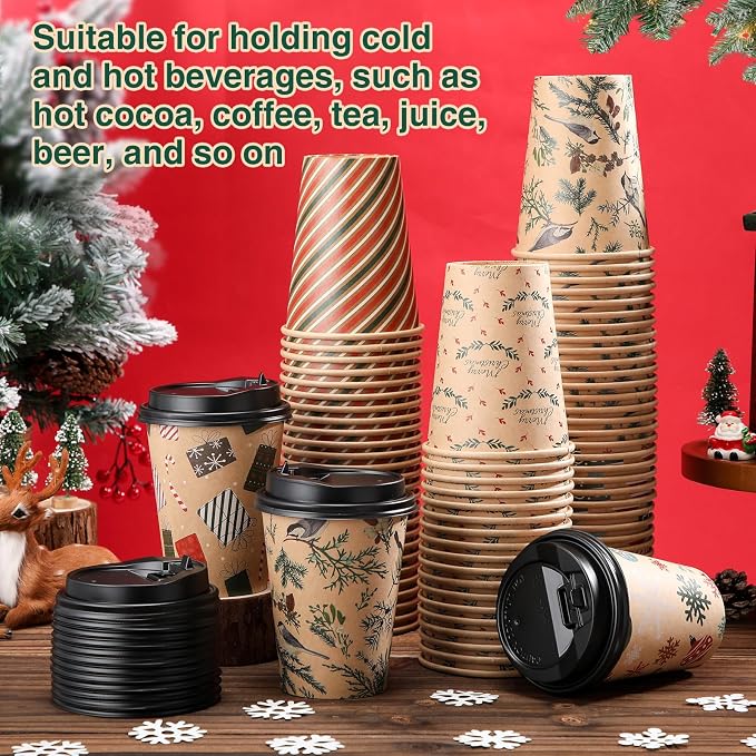 FoldTier 100 Pcs 12 oz Christmas Paper Cups with Lids Xmas Disposable Coffee Cups Holiday Kraft Paper Drinking Xmas Party Drinkware Supplies for Holiday Cocoa Beverage Cold Hot Drinks(Classic 2)