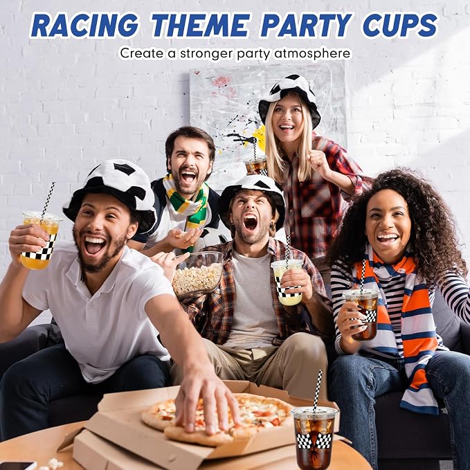 LemonRoad 100sets 16oz Checkered Flag Cups Race Car Birthday Party Decorations Supplies Plastic Cups Disposable with Lids and Straws for Racing Party Christmas Birthday Wedding Baby Shower Decoration