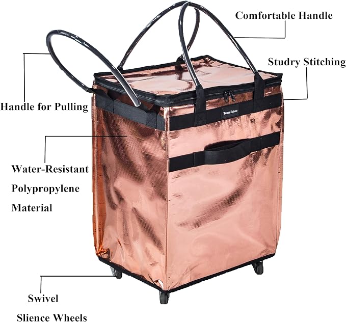 Reusable Grocery Bag On Wheels Large Capacity Shopping Trolley Foldable Rolling Tote Bag with Heavy Duty Handle for Travel (Rose Gold, Medium)
