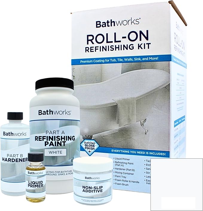 Bathworks Roll-On Refinishing Kit with Non-Slip Additive - 22 fl oz, High Gloss White, Professional-Grade DIY Coating with Tools Included - Durable Non-Yellowing Finish for Bathtubs, Tile, Sinks, & Showers
