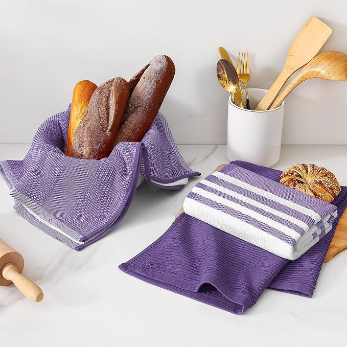 Homaxy Premium Kitchen Towels(18”x 28”, 6 Pack), Large Cotton 380 GSM Kitchen Hand Towels, Soft and Absorbent Terry Dish Towels, Multipurpose Tea Towel Set with Hanging Loop, Purple