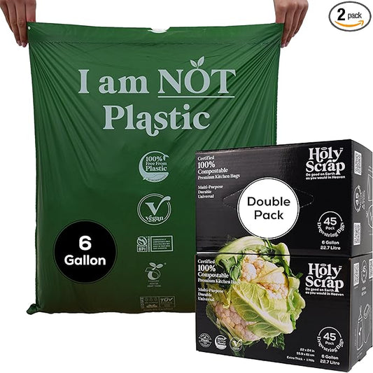 Medium Compostable Drawstring Trash Bags - 6-8 Gallon, 90 Pack | Plastic-Free Kitchen & Bathroom Garbage Bags with Drawstring Handles | Thick Bin Bag Liners for Green & Food Waste
