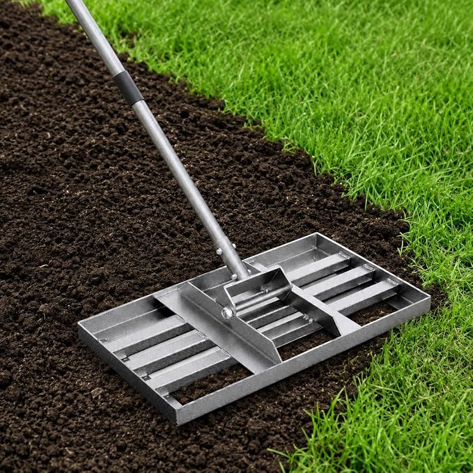 Lawn Leveling Rake, 17" x 10" Heavy Duty Lawn Leveler Tool with 57" Handle, Carbon Steel Ground Leveling Rake for Spreading Soil, Sand, Dirt & Top Dressing, Yard Garden Lawn Tool