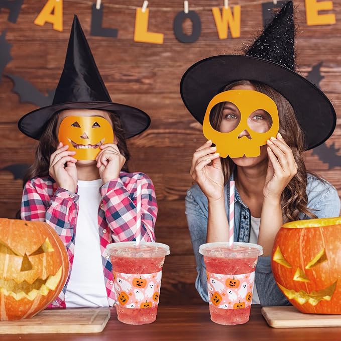 Whaline 50 Pcs Halloween Disposable Plastic Cups with Lids and Straws 12 oz Cute Pink Pumpkin Ghost Cold Beverage Drinking Cups for Birthday Party Favors