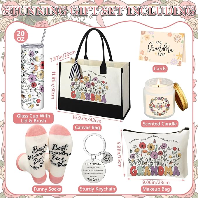 Patelai 7 Pcs Grandma Gifts, Birthday Gifts for Grandma Best Grandmother Gift from Grandkids Grandchildren Thank You Grandmother Set with 20oz Tumbler Tote Bag Candle Socks Makeup Bag Keychain Card