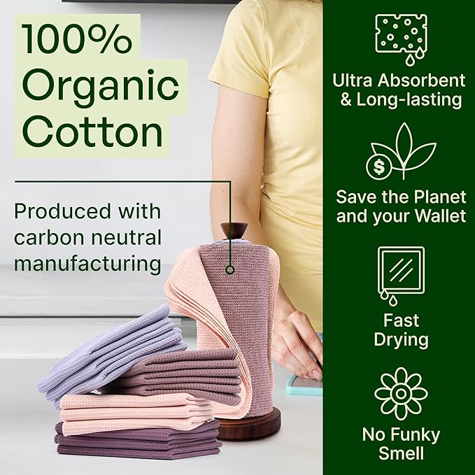 mioeco 24 Pack Multicolored Reusable Paper Towels - Nature Friendly - Organic Cotton Alternative - Thick, Strong, Paperless Kitchen Dish Cloths - Reusable Napkins - Dish Towels - Cloth Napkin