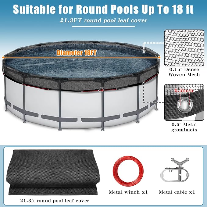 18 FT Pool Leaf Net Cover for Above Ground Pools, Ultra-Fine 0.15’’ Mesh Pool Cover with Winch & Cable, Pool Leaf Cover Prevents Leaves and Debris from Entering Pool