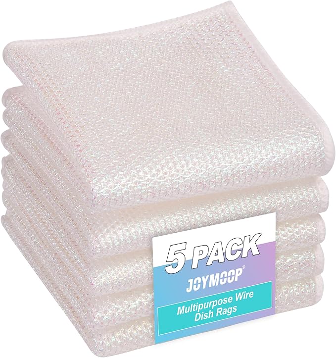 JOYMOOP Multipurpose Wire Dish Rags 10" x 10", Rainbow Laser Dish Cloths for Washing Dishes, Reusable Cleaning Cloths, Non-Scratch Wire Dishwashing Rags for Dishes, Glass, Stainless Steel - 5 Pack