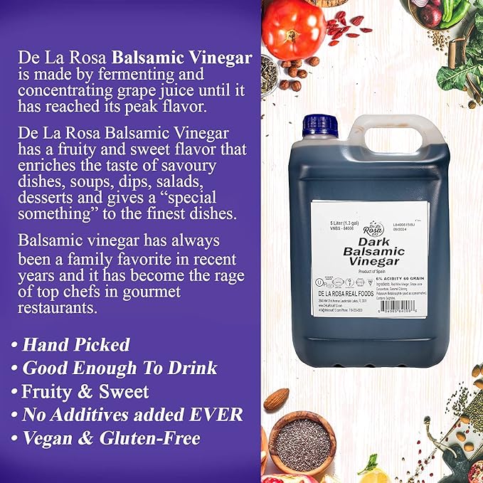 De La Rosa Dark Balsamic Vinegar, Vegan, Kosher & Gluten Free, Great for Salad Dressings, Marinades & More, Spanish Balsamic Vinegar 5 Liter (Pack of 1)
