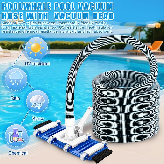 4 Pcs Swimming Pool Cleaning Kit Including Pool Vacuum Head with 1-1/2" x 30 ft Hoses Flexible Head with Bristles Wheel and White Pole 14 '' Cleaning Brush for Inground Above Ground Cleaner