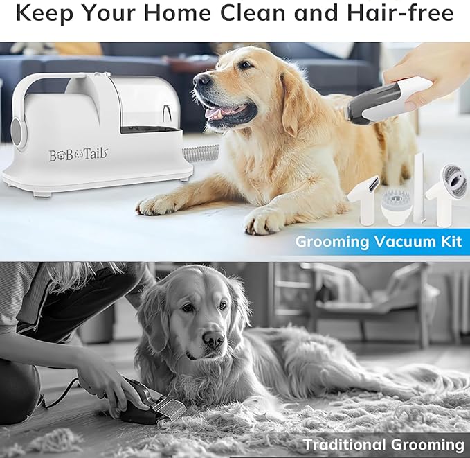 Pet Grooming Vacuum Kit, 1.5L Dust Cup Dog Grooming Vacuum 8 in 1, Dog deshedding Brush with Clipper Low Noise Mess-Free for Shedding Pet Hair, Home Cleaning (White)