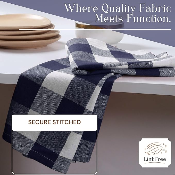 Navy Buffalo Plaid Kitchen Dish Towels, 12 Pack, 100% Cotton, 16x26 Inches, Super Absorbent, Quick Dry, Soft, Durable, Dish Drying & Cleaning Towels with Hanging Loop, Navy Blue White