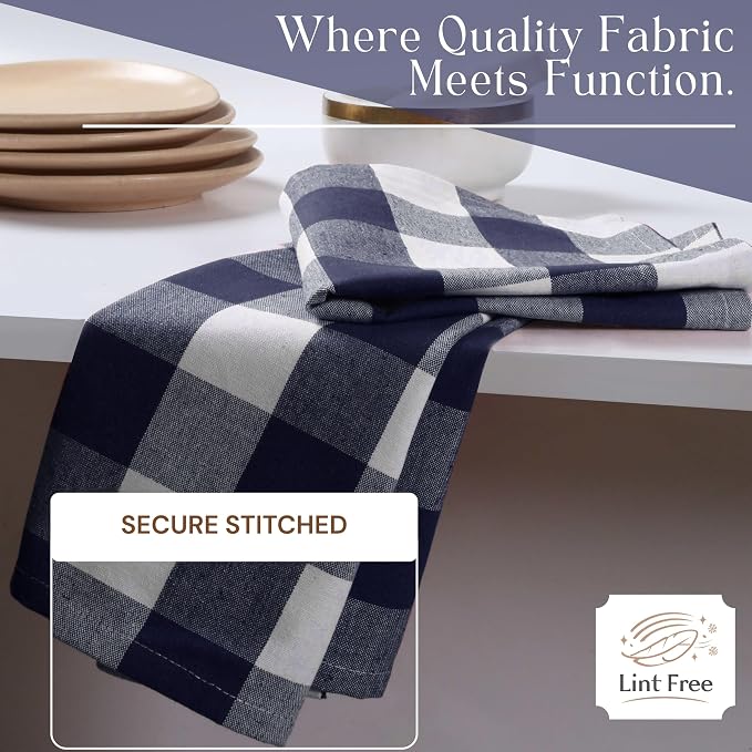 Navy Blue Buffalo Check Kitchen Towels, 4 Pack, 100% Cotton, 16x26 Inches, Soft, Absorbent, Quick Dry, Dish Cloths, Bar & Restaurant Cleaning Towels with Hanging Loop, Navy White