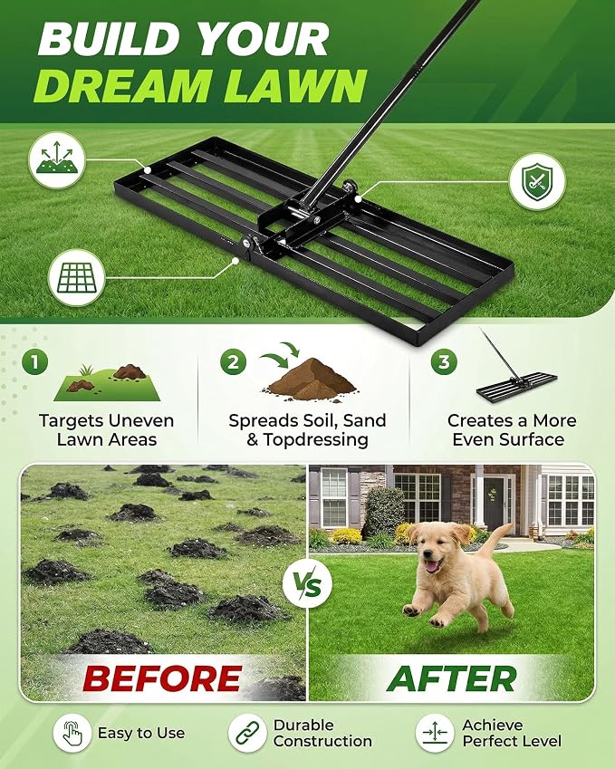 Sakerplus Lawn Leveling Rake 30 Inch, Landscaping Lawn Leveler, Heavy-Duty Yard Leveling Rake for Soil, Sand, Compost & Fertilizer, Fixed Handle Ground Leveler for Yard