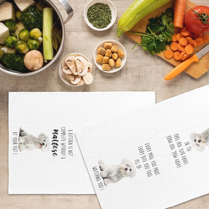 Maltese Dog Kitchen Towels Set of 2, Funny Dog Kitchen Decor, Dogs Gifts for Women Men Hand Towel, Pet Owner Gift Decorative Tea Towels Dish Towel 16x24 Inch
