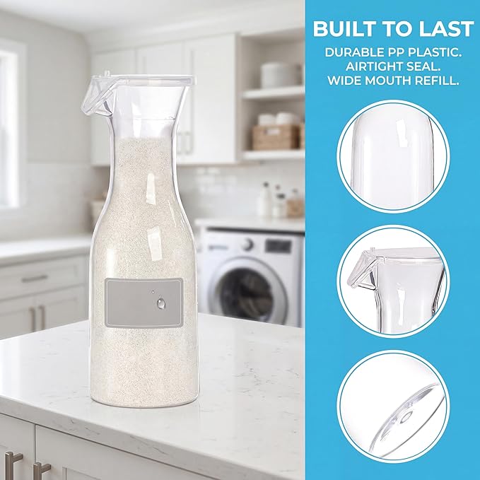 3 Pack Laundry Detergent Dispenser with 5 Labels, 40 OZ Plastic Fabric Softener Bottle, Reusable Detergent Container, Laundry Room Organizer for Liquid Soap Powder Bleach Scent Booster Beads