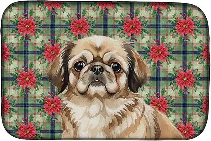 Caroline's Treasures Sable Pekingese Christmas PoinsettIas Dish Drying Mat Absorbent Dish Drying Mat Pad for Kitchen Counter Dish Drainer Mat for Countertop, 14 x 21", Multicolor