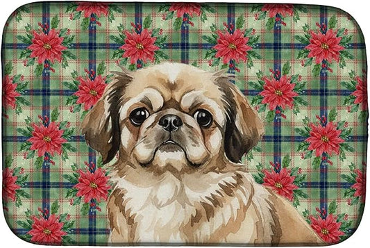 Caroline's Treasures Sable Pekingese Christmas PoinsettIas Dish Drying Mat Absorbent Dish Drying Mat Pad for Kitchen Counter Dish Drainer Mat for Countertop, 14 x 21", Multicolor