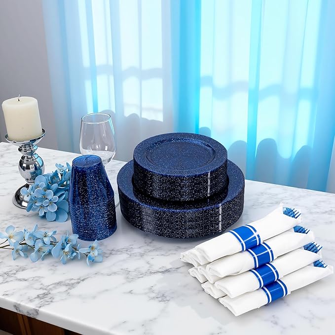 DaYammi 210PCS Cobalt Blue Glitter Plastic Dinnerware Set for 30 Guests, Fancy Disposable Plates for Party, Include: 30 Dinner Plates, 30 Dessert Plates, 30 Pre Rolled Napkins with Silverware, 30 Cups