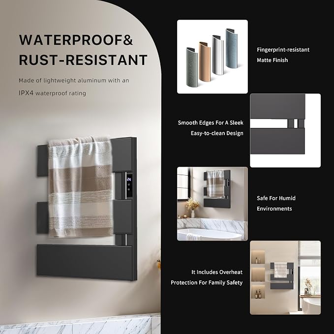 Electric Towel Warmer with Smart LED Timer, Modern [2/3/4] Bar Large Panel Heated Towel Rack, Wall-Mounted Plug-in/Hardwired 2-in-1, Rapid Warmth for Bathrooms, [Matte Black/Alpine White]