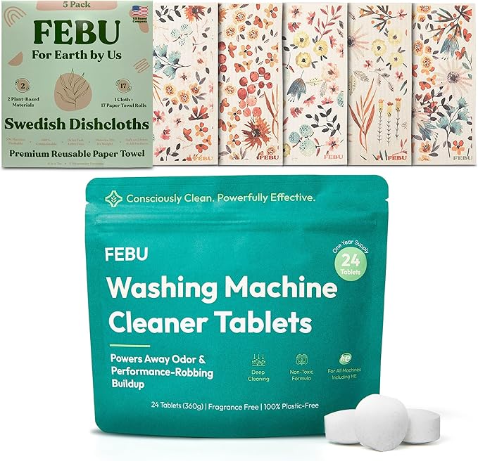 FEBU Save 15% on Swedish Dishcloth + Washing Machine Cleaner Tablets | 5 Pack Watercolor Reusable Paper Towels + 24ct Washer Cleaner Tablets