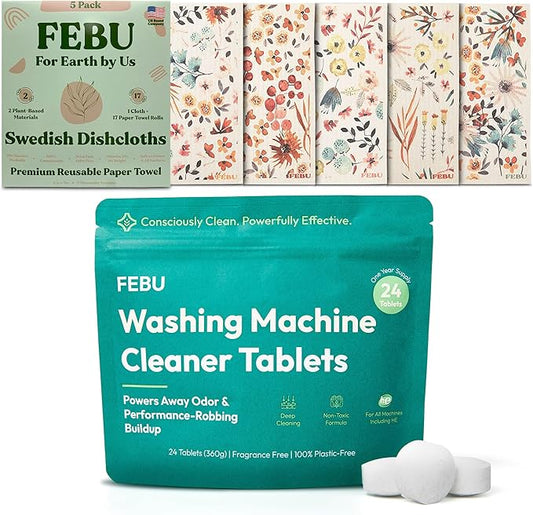 FEBU Save 15% on Swedish Dishcloth + Washing Machine Cleaner Tablets | 5 Pack Watercolor Reusable Paper Towels + 24ct Washer Cleaner Tablets