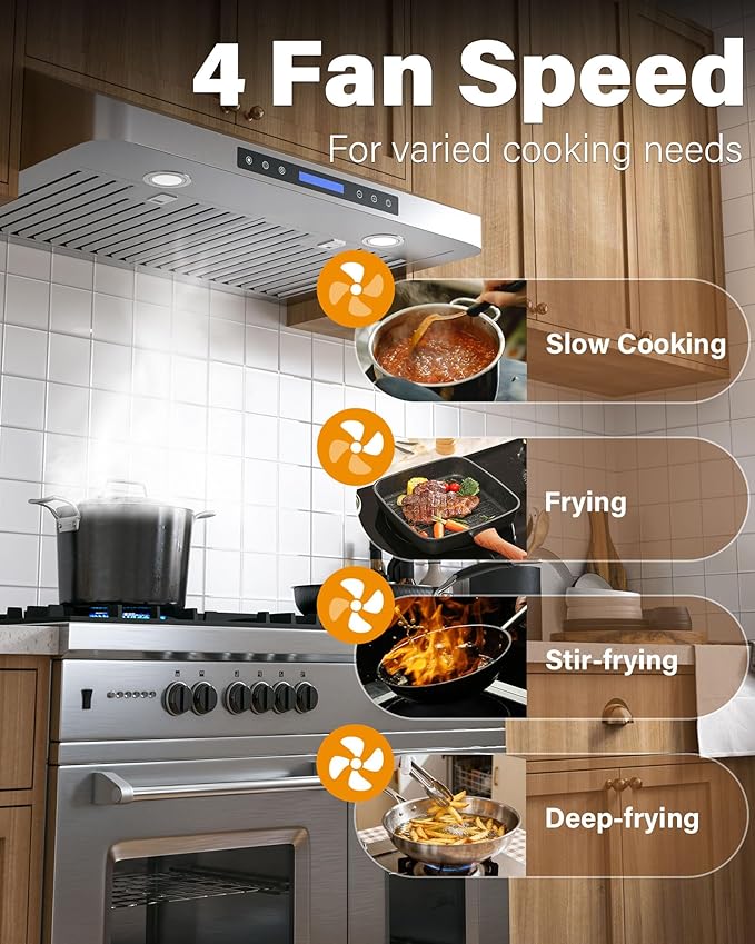 30 inch Stainless Steel Under Cabinet Range Hood - 900 CFM, Ultra-Quiet 4-Speed Vent, Touch/Remote Control LCD, LED Lights, External Venting