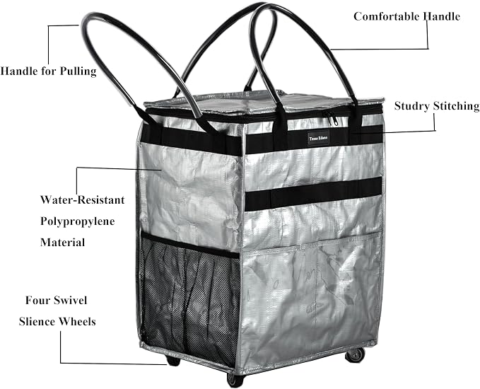 Reusable Grocery Bag On Wheels Large Capacity Shopping Trolley Foldable Rolling Tote with Outside Pocket, Heavy Duty Handle (Silver, Medium)