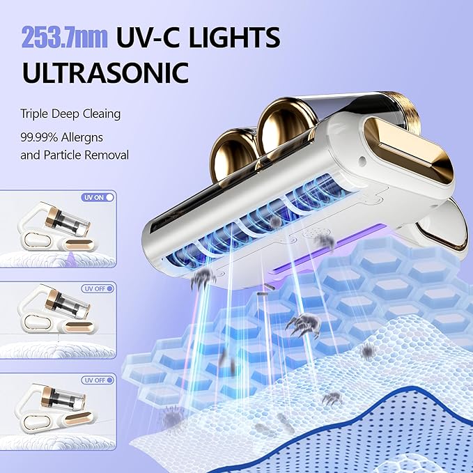 Bed Vacuum Cleaner, Mattess Vacuum with 16Kpa Powerful Suction 253.7nm UV-C Light, Ultrasonic Technology, 42000 RPM/Min Brushroll, Cordless Handheld Vacuum with Dual Bins for Dust, Pet Hair,etc
