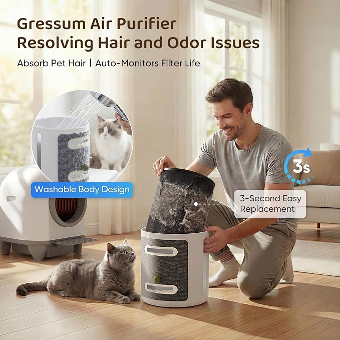 Greesum Pet Air Purifier for Cats, 320m³/h CADR Smart Air Cleaner with Cat Scratcher & Catnip Ball, 4-Color PM2.5 Indicator, App Control, Child Lock, Washable Body, Odor & Pet Hair Removal for Home