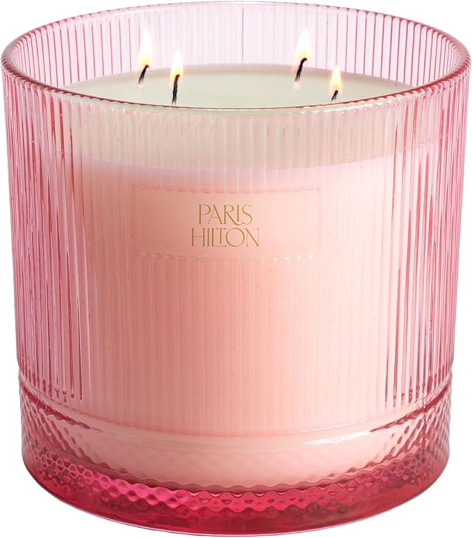 Paris Hilton Pink Spritz Scented Candle, Pink Ribbed Glass Vessel with Faceted Diamond Detail, Premium Plant Wax Blend, 4-Wicks, 40-Ounce
