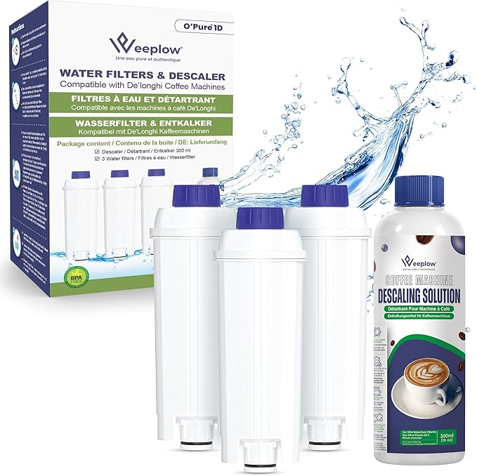 Weeplow Coffee Machine Maintenance Kit (4-Piece) – 3 DLSC002 Compatible Water Filters & 300ml Descaler Solution – For De'Longhi Magnifica, Dinamica, Autentica & ECAM Series
