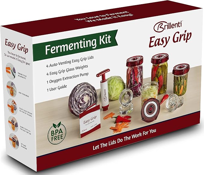 Mason Jar Fermentation Kit - Food Grade Fermenting Lids for Wide Mouth Mason Jars, includes Easy Grip Fermenter Lids 4-Pack, Weights and Pump - a Great Starter Sauerkraut Fermenting Kit, Brillenti