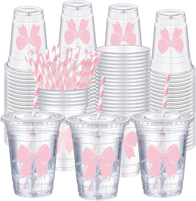 Sliner 50 Pcs 16 oz Coquette Disposable Plastic Cups with Straw for Party Supplies Bow Cups Birthday Wedding Bridal Engagement Party Drinkware Baby Shower Decoration (Pink Bow)