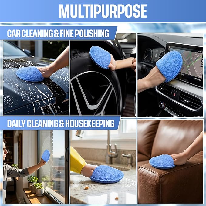 144 Pcs 5 Inch Blue Waxing Sponges Finger Pocket Microfiber Car Polishing Pads, Reusable Buffing Foam Pads for Car Detailing, Cleaning Fine Polishing, Auto/Home Use