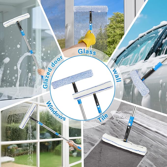 75" Window Squeegee Cleaner Kit with Extension Pole, 360° Rotating Streak-Free Glass Cleaner for High Windows, Shower Doors & Solar Panels – Professional All-in-One Window Cleaning Tools Set