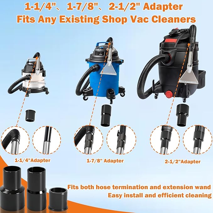Universal Fit All Shop Vacs Extractor Attachment Kit Wet/Dry Vacuums with 2-1/2" 1-7/8" 1-1/4" Adapters for Carpet Cleaning Upholstery & Auto Detailing (Small+ Large)