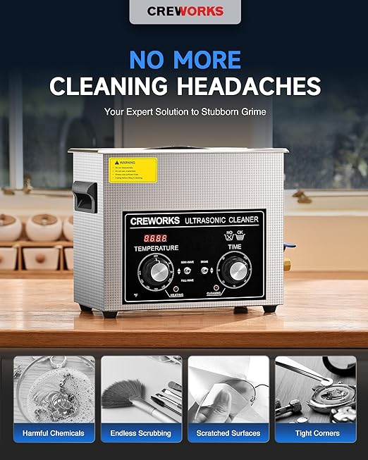 CREWORKS 6L Ultrasonic Cleaner with Heater and Timer, 180W Stainless Steel Ultrasonic Cleaner Machine with Degas & Gentle Modes, Ultrasonic Parts Cleaner with Knob Control for Jewelry Glasses Watch