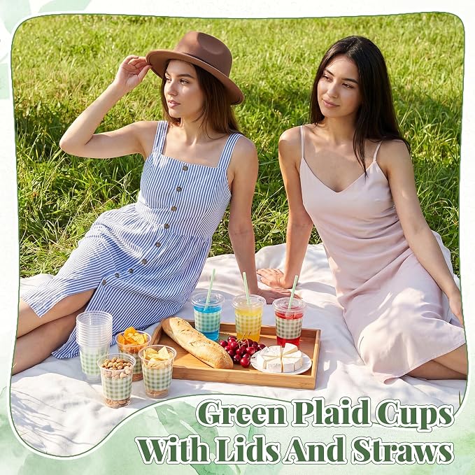 Domensi 25 Sets Sage Green and White Gingham Plastic Cups with Lids and Paper Straws 12oz Checkered Party Disposable Cups Bulk Drinking Cup for Cold Drinks Baby Shower Wedding Birthday Party Supplies