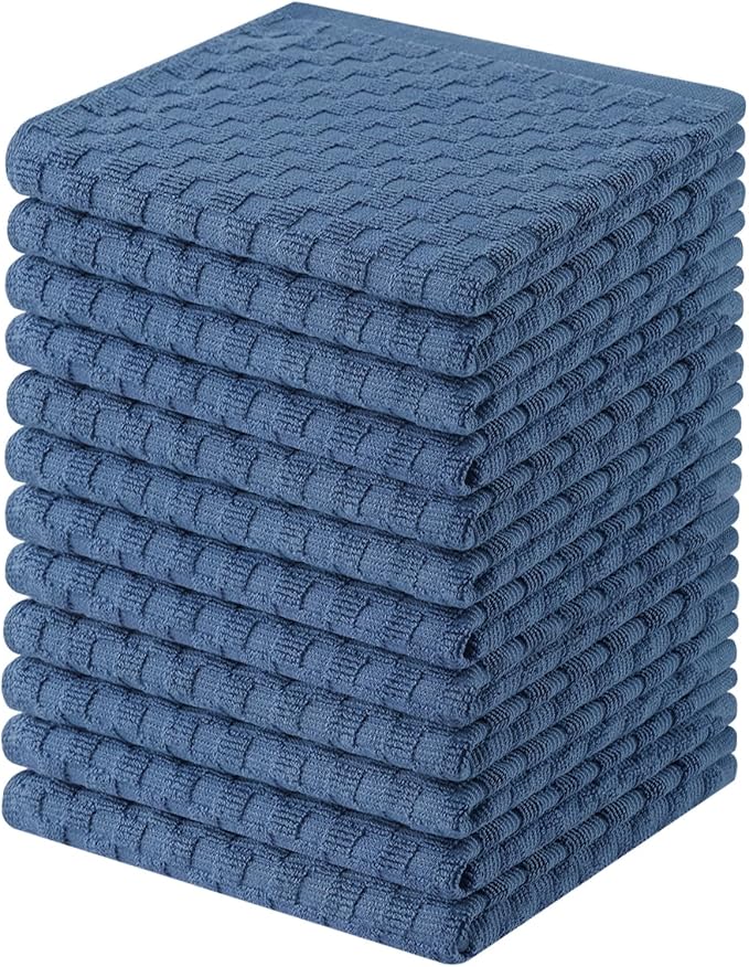 Homaxy 100% Cotton Terry Kitchen Dish Cloths, Ultra Soft Absorbent Dish Towels with Hanging Loop, Pineapple Grid Designed, 12 x 12 Inches, 12-Pack, Navy Blue