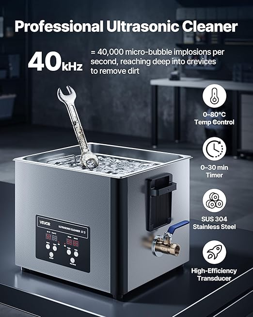 VEVOR 15L Ultrasonic Cleaner, Professional Ultrasonic Cleaner Machine with Cleaning Basket & Digital Display, 240W Stainless Steel 40kHz Industrial Cleaning Machine for Parts, Carburetors, Instruments
