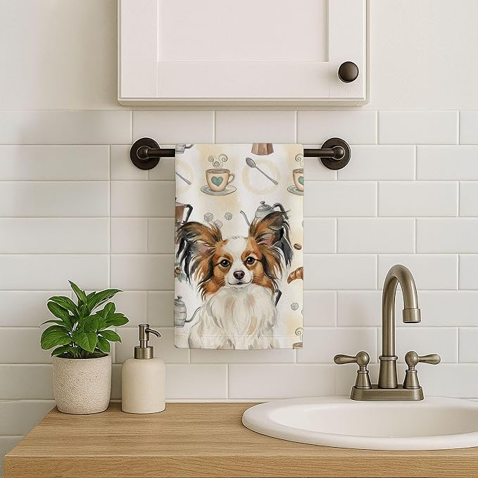 Caroline's Treasures White with Sable Papillon Coffee Bar Kitchen Towel Velour Plush Front and Cotton Loop Back Machine Washable